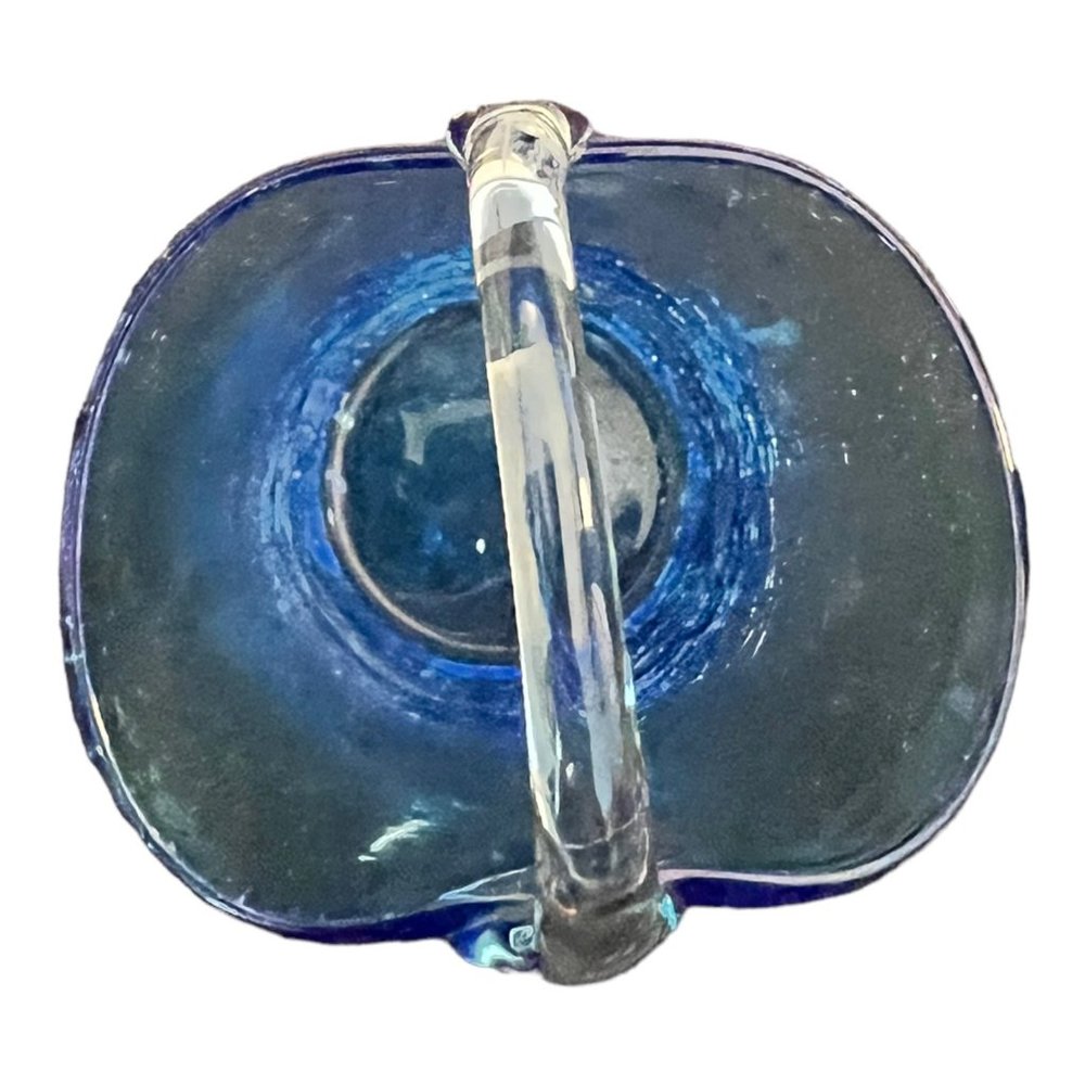 Art Glass Blue Crackled Glass Basket Vase Flower Pot With Handle Hand Blown 3.5" - Picture 9 of 10
